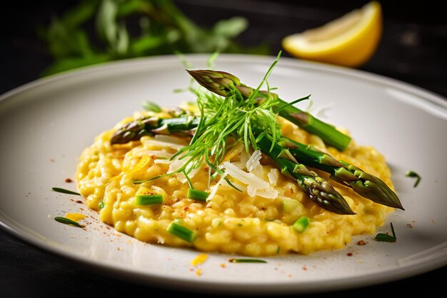 Risotto servito su un letto di arugula con vinaigrette di limone