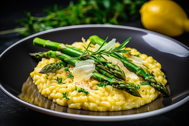 Risotto servito su un letto di arugula con vinaigrette di limone