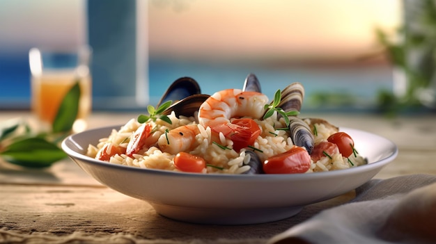 Risotto tradizionale italiano con frutti di mare, gamberi e cozze pomodori Generato AI