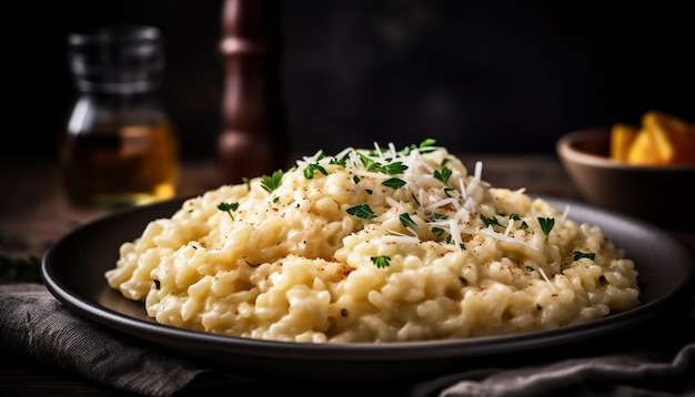 Risotto vegetariano appena cucinato su tavola rustica generato da AI