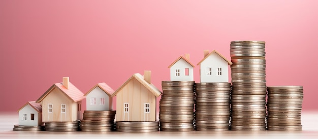 risparmiare denaro e investire è rappresentato da case di legno in piedi su pile di monete contro