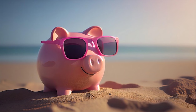 Risparmio salvadanaio rosa con occhiali da sole sullo sfondo della sabbia della spiaggia in una giornata di sole di vacanza