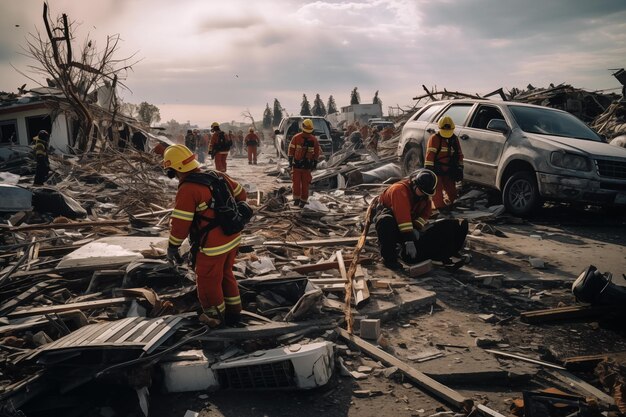 Risponsori di emergenza che lavorano in mezzo ai rottami AI generativa