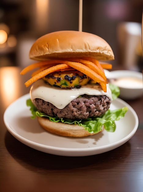 Ristorante dall'atmosfera accogliente con illuminazione calda e hamburger realistici