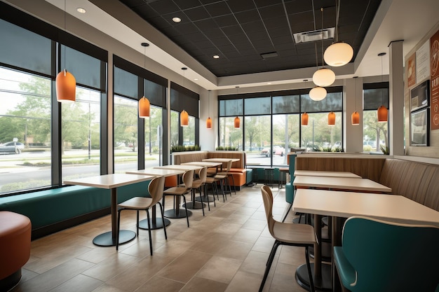 Ristorante fast food con decorazioni moderne, mobili eleganti e grandi finestre