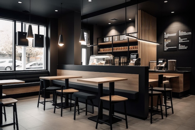 Ristorante fast food con interni moderni e minimalisti e mobili eleganti