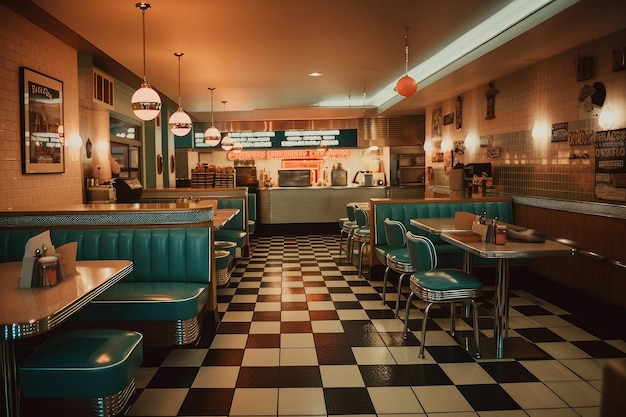 Ristorante fast food con interni retrò con oggetti vintage e arredamento nostalgico