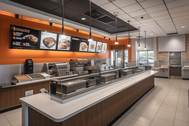 Ristorante fastfood dal design moderno ed elegante con accenti in acciaio inossidabile