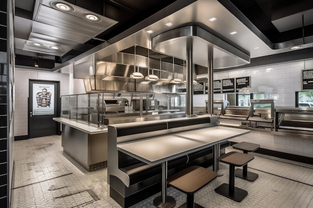 Ristorante fastfood dal design moderno ed elegante con accenti in acciaio inossidabile