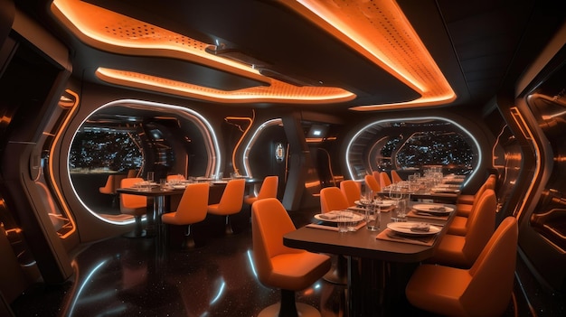 Ristorante futuristico Scifi nei colori arancione e rosso