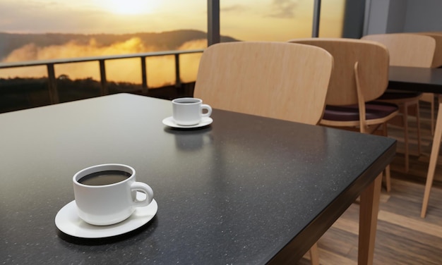 Ristorante o caffetteria Lo scenario esterno è di montagne nebbiose e sole al mattino Una tazza di caffè bianca Tavolo in marmo decorato con sedie in legno pavimento coperto di parquet3DRendering