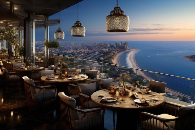 Ristorante panoramico di un hotel con vista sull'oceano o sul paesaggio urbano AI generativa