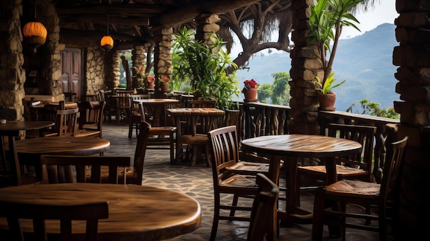 Ristorante rustico con vista sulla montagna con pilastri in pietra e mobili in legno