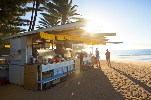 Ristorante sulla spiaggia che serve una deliziosa colazione al sole del mattino