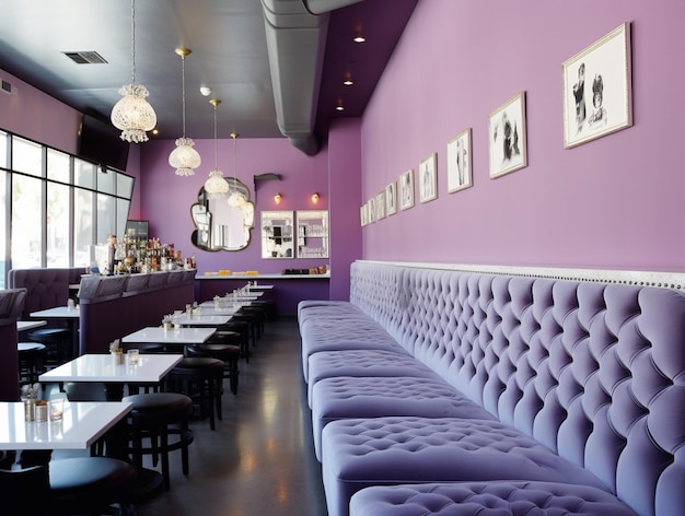 ristorante viola e bianco con pareti viola e posti a sedere viola ai creativi