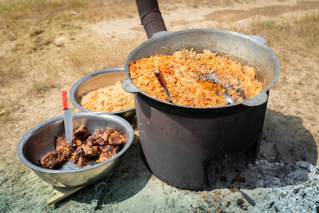 Ristorazione della cucina dell'Asia centrale sotto forma di pilaf nella steppa