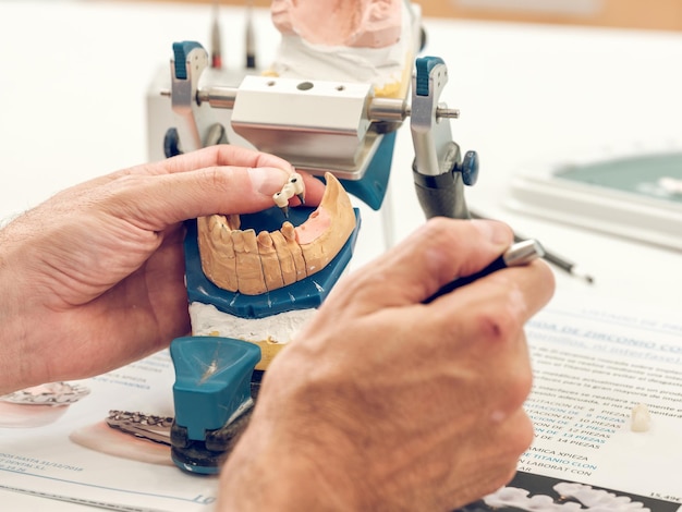 Ritaglia il tecnico dentista maschio irriconoscibile utilizzando strumenti dentali mentre realizzi una protesi sull'articolatore con calchi di mascelle in laboratorio