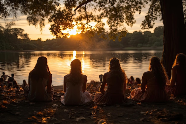 Ritiro spirituale sul lago meditazione sotto il tramonto IA generativa