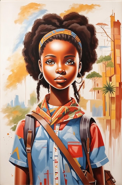 Ritorno a scuola Buon primo giorno con lo zaino della ragazza afro