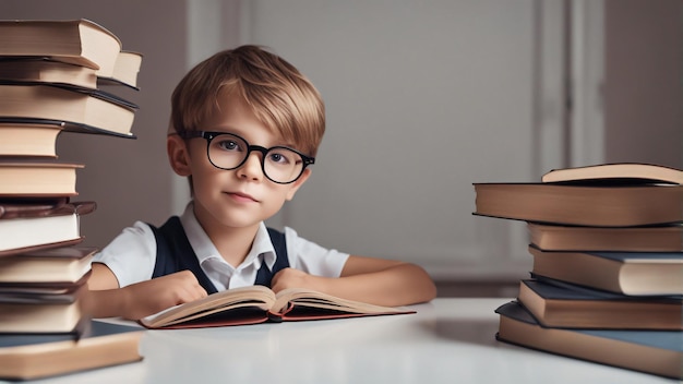 Ritorno a scuola con una pila di libri desiderosi di imparare sul tavolo