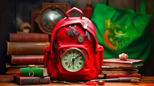 Ritorno a scuola con zaino rosso e orologio intorno nello stile delle sculture di libri