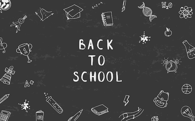 Ritorno a scuola in una cornice di articoli di cancelleria su uno sfondo scuro Illustrazione vettoriale lineare in doodle s