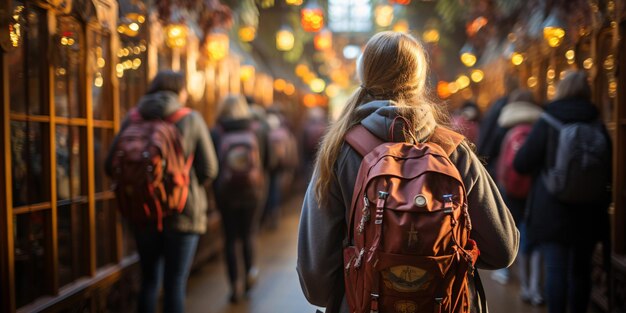 Ritorno a scuola L'eccitazione riempie l'aria mentre gli studenti felici si riuniscono in un corridoio affollato con gli zaini appesi sulle spalle