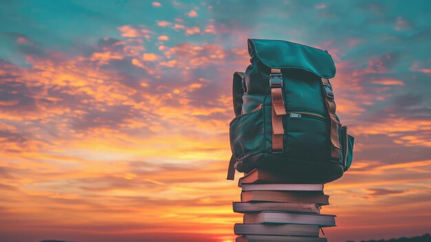 Ritorno a scuola Lo zaino si trova sulla torre dei libri sullo sfondo del cielo al tramonto Concetto di educazione e lettura