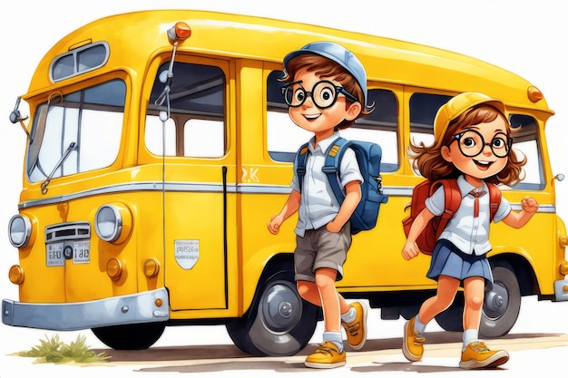 Ritorno a scuola ragazzo e ragazza con zaini vanno a scuola per studiare sullo sfondo di un autobus giallo creato con un software di IA generativa