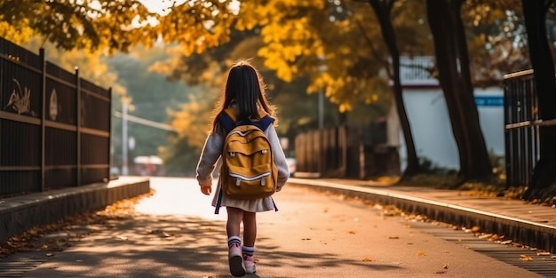 Ritorno a scuola Ritorno alla vista di una carina bambina asiatica con lo zaino che corre e va a scuola