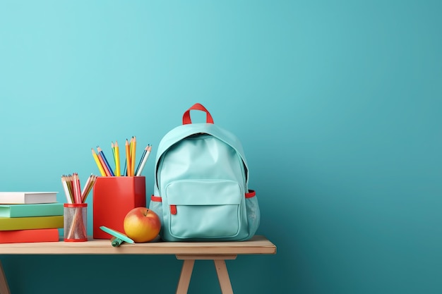 Ritorno a scuola su sfondo blu borsa scolastica libri accessori e matite colorate IA generativa