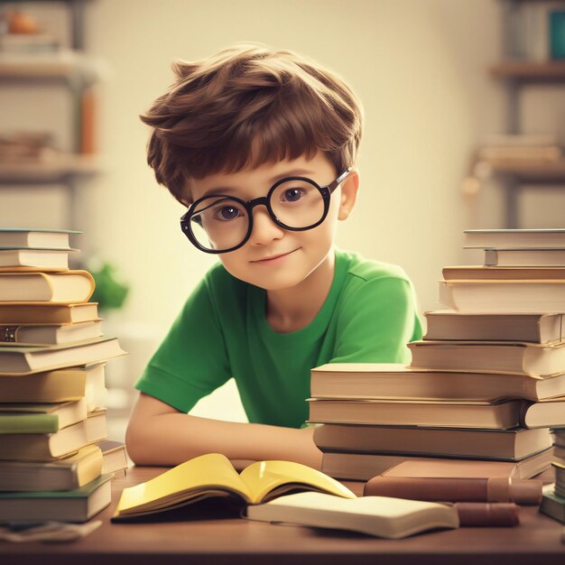 Ritorno a scuola, un ragazzino dei cartoni animati con una pila di libri desiderosi di imparare sul tavolo