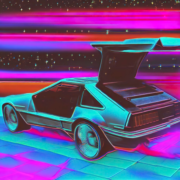 Ritorno al futuro Delorean volando nello spazio ondata sintetica arte digitale