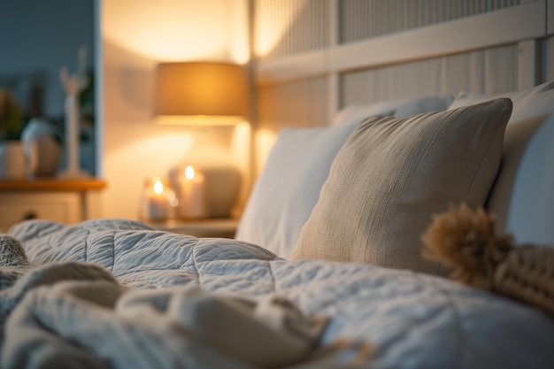 Ritorno caldo in camera da letto con comodi cuscini texturati e illuminazione morbida