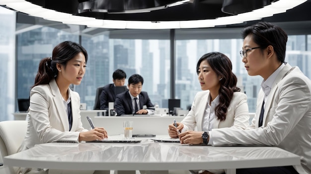 Ritrae una squadra di uomini d'affari asiatici lungimiranti che partecipano a una riunione su una scrivania bianca futuristica