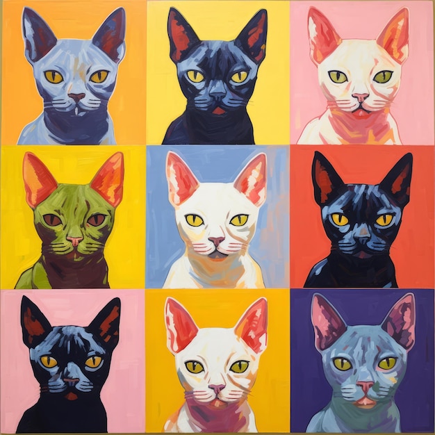 Ritratti di gatti modernisti colorati Simmetria dinamica e cromaticità audace