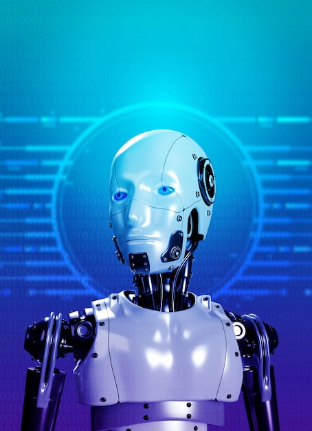 Ritratti di robot umanoidi che sembrano intelligenti sul codice binario e sul simbolo del circuito su sfondo blu stile verticale Futuristico AI umano cyborg concetto di tecnologia di servizio di intelligenza artificiale