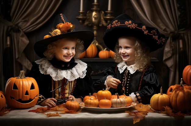 Ritratti felici di Halloween di streghe in cappelli e costumi neri