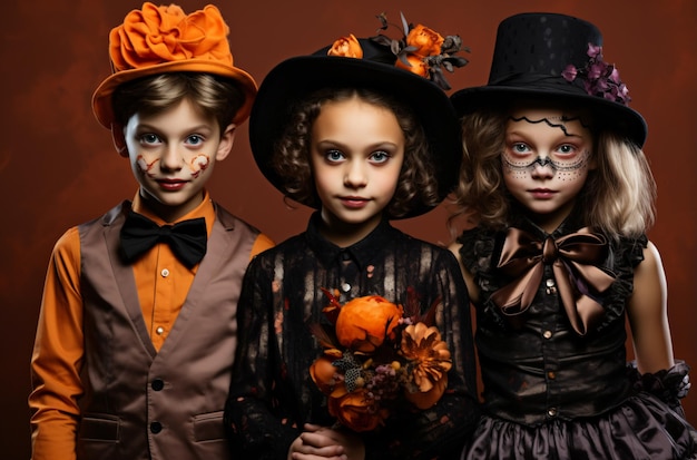 Ritratti felici di Halloween di streghe in cappelli e costumi neri