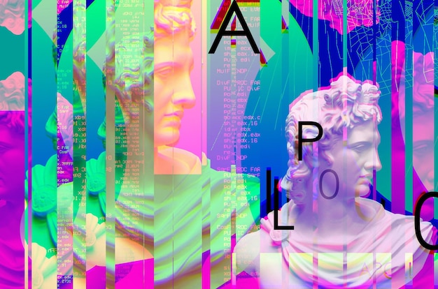 Ritratto 3d di un Apollo con effetto glitch in stile Cyberpunk