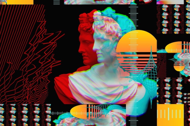 Ritratto 3d di un Apollo con effetto glitch Stile cyberpunk Realtà virtuale