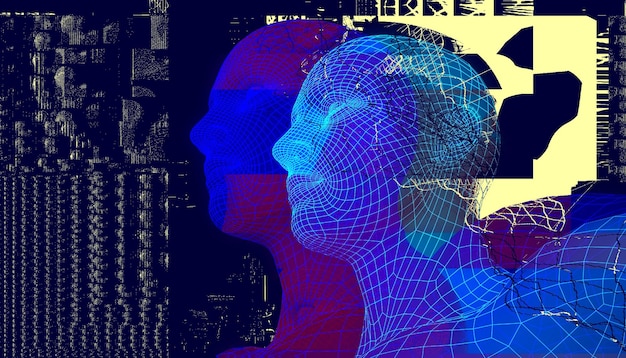 Ritratto 3d di un uomo con effetto glitch Stile cyberpunk Immagine concettuale dell'intelligenza artificiale Realtà virtuale Sistemi di Deep Learning e Riconoscimento facciale