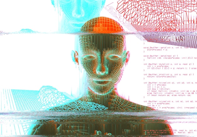 Ritratto 3d di un uomo con effetto glitch Stile cyberpunk Immagine concettuale dell'intelligenza artificiale Realtà virtuale Sistemi di Deep Learning e Riconoscimento facciale