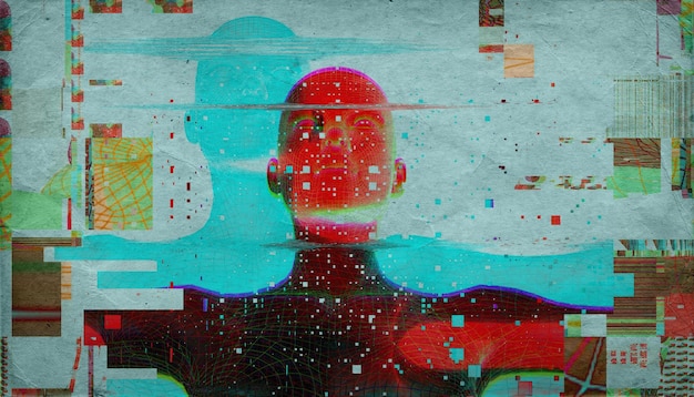 Ritratto 3d di un uomo con effetto glitch Stile cyberpunk Immagine concettuale dell'intelligenza artificiale Realtà virtuale Sistemi di Deep Learning e Riconoscimento facciale