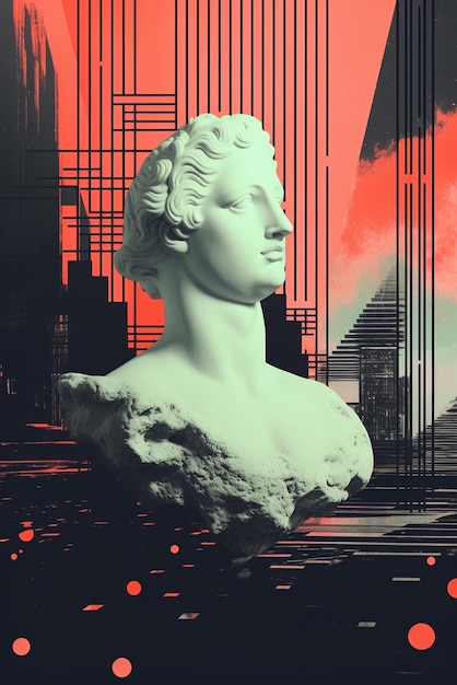 Ritratto 3D di una scultura antica con effetto glitch Stile cyberpunk Malattia concettuale dell'artif