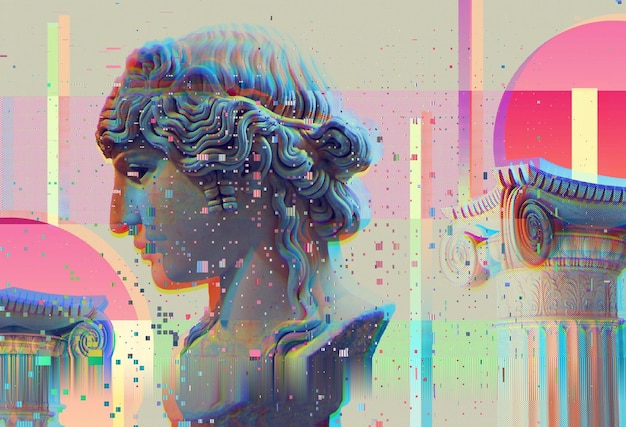 Ritratto 3D di una scultura antica con effetto glitch Stile cyberpunk Malattia concettuale dell'intelligenza artificiale Realtà virtuale Sistemi di deep learning e sospetto