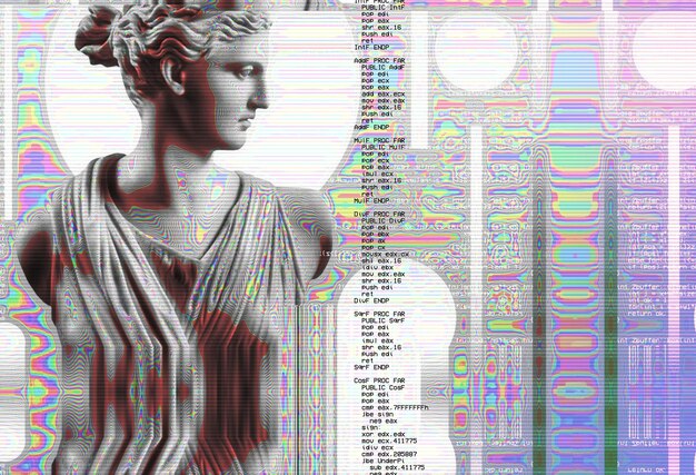 Ritratto 3D di una scultura antica con effetto glitch Stile cyberpunk Malattia concettuale dell'intelligenza artificiale Realtà virtuale Sistemi di deep learning e sospetto