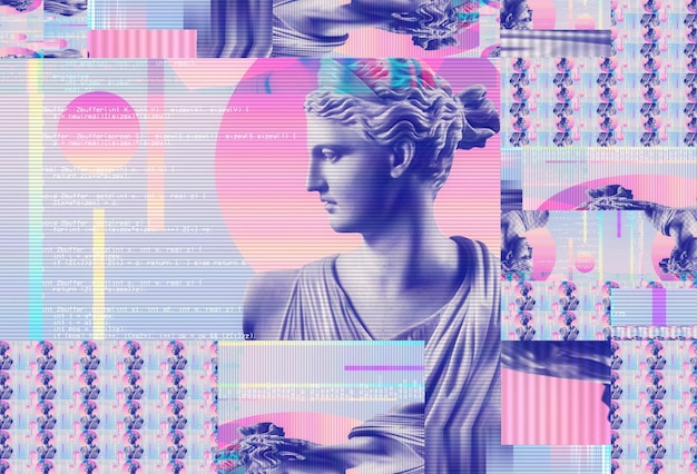 Ritratto 3D di una scultura antica con effetto glitch Stile cyberpunk Malattia concettuale dell'intelligenza artificiale Realtà virtuale Sistemi di deep learning e sospetto