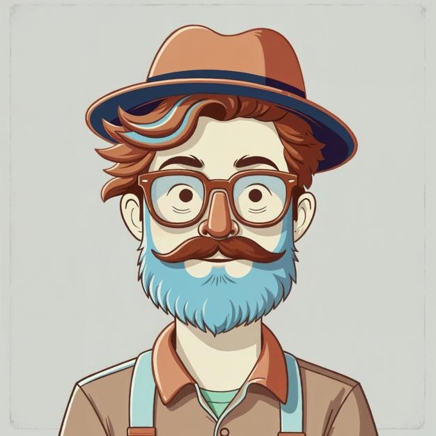 Ritratto a fumetti di un hipster con la barba blu e gli occhiali