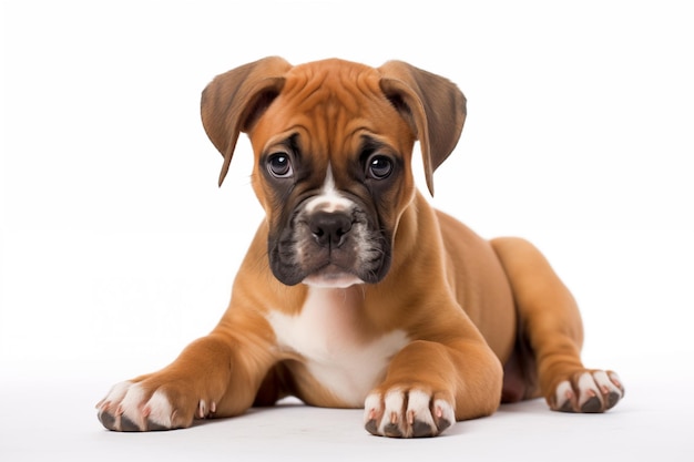 Ritratto a grandezza naturale di un cucciolo di boxer isolato su sfondo bianco